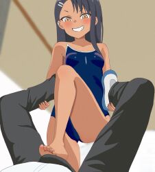 1boy 1girls aruman black_hair breasts brown_eyes clothed clothing earrings erection feet femdom footjob footjob_over_clothes footwear hayase_nagatoro long_hair naoto_hachioji_(senpai) nipples on_back penis please_don't_bully_me,_nagatoro revealing_clothes simple_background small_breasts smile spread_legs swimsuit