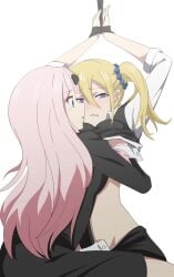 2girls arms_up biting_lip blonde_hair blue_eyes blush bondage brainwashing breast_grab breasts cuffs_(clothing) female female_only fujiwara_chika hands_under_clothes hayasaka_ai human hypnosis kaguya-sama_wa_kokurasetai_~tensai-tachi_no_renai_zunousen~ long_hair molestation multiple_girls pink_hair puckered_lips ribbon rubbing_pussy school_uniform schoolgirl scrunchie sexual_torture shirt_lift sweat teasing teeth tied_up white_background yuri ze_r0_ze_r0