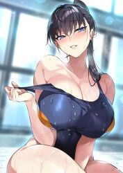 1girls absurd_res arm_between_legs bangs bare_shoulders black_hair black_legwear blue_eyes blue_swimsuit blush breasts busty clavicle cleavage clothes_pull clothing crossed_bangs curvaceous curvy_female eyebrows_visible_through_hair female flying_sweatdrops gan_(shanimuni) hair_between_eyes hair_over_shoulder hi_res huge_breasts indoors large_breasts legwear light-skinned light-skinned_female lips long_hair looking_at_viewer one-piece_swimsuit open_mouth parted_lips ponytail shiny shiny_skin shuumatsu_no_harem sitting solo sweat sweatdrop swimsuit swimsuit_pull tank_suit thick_thighs thighs tied_hair toudou_akira_(shuumatsu_no_harem) voluptuous water wet wet_clothes wet_hair wet_swimsuit window