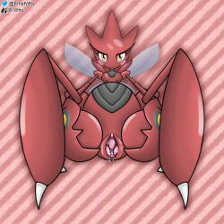 arthropod arthropod_abdomen arthropod_abdomen_genitalia blush bodily_fluids clitoris e-why female feral genital_fluids genitals hi_res insect_wings insects looking_at_viewer nintendo nude pokémon_(species) pokemon pokemon_only pussy pussy_juice red_body scizor simple_background smile solo spread_legs spread_pussy spreading video_games wings yellow_eyes