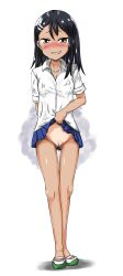 1girls black_hair blush breasts brown_eyes cleavage clothed clothing earring female female_focus female_only going_commando hayase_nagatoro long_hair looking_at_viewer nipples please_don't_bully_me _nagatoro pubic_hair revealing_clothes shy simple_background skinny skirt small_breasts smile solo standing sweat tan tanline tanned upskirt white_background yaokun
