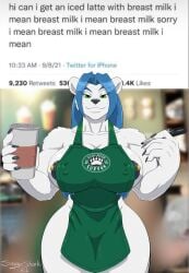 2020 3:4 anthro blue_hair breasts claws clothed clothing detailed_background dialogue english_text female fur green_eyes hair hi_res holding_object i_mean_breast_milk lips long_hair mammal meme ms._cotton muscular muscular_female nipple_piercing nipples partially_clothed piercing polar_bear savageshark simple_background smile solo standing text ursid ursine white_body white_fur