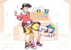 1boy 1boy1girl 1girls ambiguous_penetration areolae ass big_ass big_breasts big_penis bike_shorts black_eyes blue_eyes blush breasts breasts_out closed_eye clothed clothed_female clothed_male coca dark_blue_hair ethan_(pokemon) female female_penetrated female_protagonist game_boy game_boy_color heart indoors jacket kris_(pokemon) light_blue_eyes light_blue_hair link_cable male male/female male_penetrating male_penetrating_female movement_lines musical_note nintendo nipples peace_sign penetration penis pokemon pokemon_gsc sex sex_from_behind shirt shirt_lift shirt_up shoes shorts socks standing standing_sex testicles thick_ass thick_penis thick_thighs track_suit twitter_username vein veiny_penis wink winking