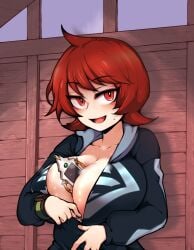 1girls arezu_(pokemon) breasts cleavage clothed clothed_female clothes clothing color getting_dressed happy large_breasts looking_at_viewer mucu object_between_breasts open_clothes phone pokemon pokemon_legends:_arceus red_eyes red_hair short_hair short_red_hair steam sweat