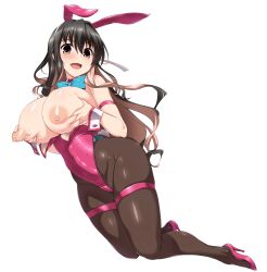 alternate_costume animal_ears bangs black_hair blush bow bowtie breast_grab breast_squeeze breasts breasts_out bunny_ears bunnysuit deep_skin detached_collar eyebrows_visible_through_hair fake_animal_ears female grabbing hair_ribbon hairband high_heels highleg highleg_leotard highres huge_breasts kantai_collection leotard long_hair looking_at_viewer multicolored_hair naganami_(kantai_collection) nipples open_mouth pantyhose pink_hair playboy_bunny puffy_nipples rabbit_ears ribbon simple_background skindentation smile solo strapless strapless_leotard sweat thigh_strap two-tone_hair wavy_hair white_background white_hairband wrist_cuffs yellow_eyes yoshi_tama