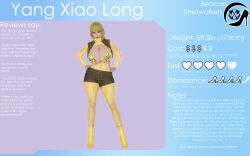 1girls big_breasts bikini_top blonde_hair breasts character_name character_profile clothed english_text female female_focus female_only fishnet_bodysuit honey_select huge_breasts kirinonsfw measurements prostitution rwby shorts stats tagme text yang_xiao_long