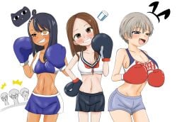 3boys 3girls ass big_ass big_breasts black_hair blue_boxing_gloves blue_eyes blue_gloves boxing_gloves breasts brown_eyes brown_hair cleavage clothed clothing curvy female female_focus gelato_(artist) grey_hair hayase_nagatoro karakai_jouzu_no_takagi-san long_hair male medium_breasts multiple_boys multiple_girls naoto_hachioji_(senpai) navel navy_blue_boxing_gloves navy_blue_gloves nishikata please_don't_bully_me,_nagatoro red_boxing_gloves red_gloves revealing_clothes sakurai_shinichi short_hair simple_background skinny takagi-san uzaki-chan_wa_asobitai! uzaki_hana white_background wide_hips