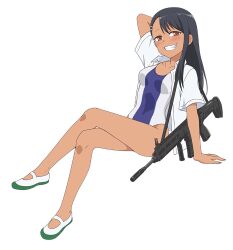 1girls 774_(nanashi) black_hair blush breasts brown_eyes clothed clothing collar earrings female_focus female_only gun hayase_nagatoro hi_res long_hair looking_at_viewer navel nude please_don't_bully_me,_nagatoro pose revealing_clothes simple_background sitting small_breasts solo spread_legs swimsuit tanline tanned white_background