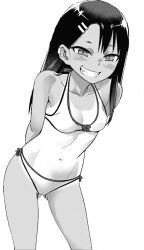 1girls 774_(nanashi) bikini black_hair blush breasts cleavage clothed clothing earrings female_focus female_only hayase_nagatoro hi_res long_hair monochrome navel please_don't_bully_me,_nagatoro pose revealing_clothes small_breasts smile solo tan tanned transparent_background