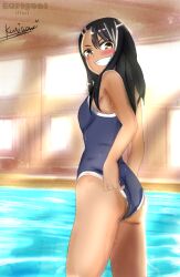 1girls black_hair blush breasts brown_eyes clothed clothing earrings female_focus female_only hayase_nagatoro hi_res kurigami long_hair looking_at_viewer looking_back please_don't_bully_me,_nagatoro pool pose public revealing_clothes simple_background small_breasts smile solo swimsuit tan tanline tanned watermark