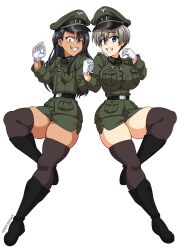 2girls big_breasts black_hair blue_eyes breasts brown_eyes clothed clothing crossover curvy duo female_focus female_only grey_hair hayase_nagatoro hideyoshiao1 long_hair multiple_girls nazi please_don't_bully_me,_nagatoro pose revealing_clothes short_hair simple_background small_breasts uniform uzaki-chan_wa_asobitai! uzaki_hana white_background wide_hips