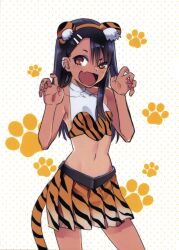 1girls 774_(nanashi) black_hair blush breasts brown_eyes clothed clothing earrings female_focus female_only hayase_nagatoro hi_res long_hair navel open_mouth please_don't_bully_me,_nagatoro revealing_clothes simple_background small_breasts smile solo tail tan tanline tanned tiger_ears white_background