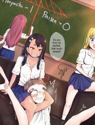 1boy 3girls artist_signature asphyxiation black_hair blackboard blonde_hair blue_eyes blush brown_hair classroom clothed clothing earrings english_text femdom gamo-chan glasses hayase_nagatoro hi_res long_hair medium_hair motion_lines naoto_hachioji_(senpai) open_mouth panties_on_head please_don't_bully_me,_nagatoro pleated_skirt red_hair revealing_clothes short_hair simple_background skirt smile smug speech_bubble spread_legs syyndev text unbuttoned_shirt watermark yoshi_(nagatoro)