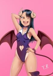 1girls black_hair breasts brown_eyes clothed clothing demon_girl demon_horns demon_tail earrings female_focus female_only hayase_nagatoro hi_res long_hair looking_at_viewer navel open_mouth please_don't_bully_me,_nagatoro pose revealing_clothes simple_background small_breasts smile solo succubus tan tanline tanned triagorodri_(artist) watermark wink