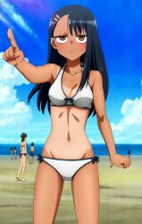 1girls 774_(nanashi) annoyed beach bikini black_hair blush breasts brown_eyes cleavage clothed clothing female_focus female_only hayase_nagatoro hi_res long_hair please_don't_bully_me,_nagatoro revealing_outfit simple_background small_breasts solo tanline tanned