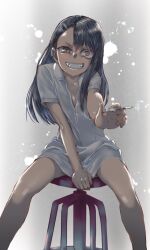 1girls black_hair bra breasts brown_eyes cleavage clothed clothing earrings female female_focus female_only hayase_nagatoro hi_res k@nata_(artist) long_hair needle nurse please_don't_bully_me,_nagatoro revealing_clothes simple_background sitting small_breasts smile solo tan tanned