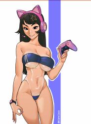 1girls black_hair blanclauz breasts cat_ear_headphones cleavage clothed clothing covered_navel dualsense female female_focus female_only fully_clothed game_controller gamepad gris_swimsuit headphones large_breasts light-skinned_female light_skin long_hair navel original purple_fingernails revealing_clothes see-through see-through_clothing smartwatch solo strapless strapless_swimsuit swimsuit the_game thigh_gap transparent_clothing underboob yumi_(blanclauz)