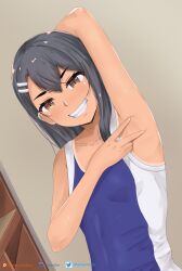 1girls armpit_fetish armpit_spread armpits black_hair blush breasts brown_eyes clothed clothing earrings female_focus female_only hayase_nagatoro hi_res long_hair looking_at_viewer please_don't_bully_me,_nagatoro pose revealing_clothes simple_background small_breasts smile solo spread_armpit swimsuit syyndev tan tanline tanned watermark