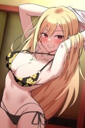 arms_up bikini blonde_hair blush breasts cleavage female female_only jewelry kitagawa_marin long_hair looking_at_viewer otakummm red_eyes smile sono_bisque_doll_wa_koi_wo_suru swimsuit