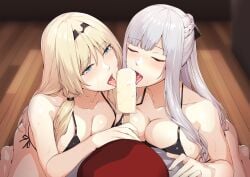 2girls absurdres ak-12_(girls'_frontline) an-94_(girls'_frontline) aqua_eyes bangs bare_shoulders bikini black_bikini blonde_hair blush braid breasts cleavage closed_eyes collarbone eyebrows_visible_through_hair food girls'_frontline hairband highres kageshio_(276006) large_breasts licking long_hair multiple_girls open_mouth ponytail popsicle sexually_suggestive side-tie_bikini silver_hair swimsuit tongue tongue_out