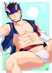 1boy abs anus bara bare_pectorals beard black_hair blush broken_horn bulge come_hither cum cum_on_body cum_on_boy cum_on_pectorals demon_boy demon_horns facial facial_hair feet_out_of_frame fundoshi happi highres horns implied_yaoi japanese_clothes koushirou_(6qc4n0ciwowwies) live-a-hero looking_at_viewer male_focus male_only mature_male muscular muscular_male nessen_(live_a_hero) nipples pectorals red_eyes seductive_smile short_hair smile solo spread_anus stomach thick_thighs thighs wet_fundoshi