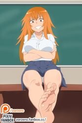 1girls big_breasts breasts classroom clothed clothing feet female_focus female_only gamo-chan hi_res long_hair orange_eyes orange_hair please_don't_bully_me,_nagatoro pose simple_background sitting skirt smile solo uniform watermark zorzero