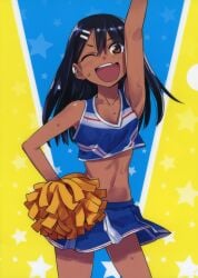 1girls 774_(nanashi) black_hair blush breasts brown_eyes cheerleader cleavage clothed clothing earrings female_focus female_only hayase_nagatoro hi_res long_hair looking_at_viewer navel open_mouth please_don't_bully_me,_nagatoro pose revealing_clothes simple_background skirt small_breasts solo sweat tan tanned wink