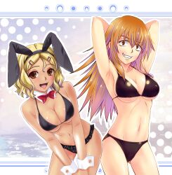 2girls armpit_crease armpits arms_behind_head arms_up big_breasts bikini blonde_hair breasts brown_eyes bunny_ears cleavage clothed clothing curvy female_focus female_only gamo-chan long_hair medium_hair multiple_girls navel orange_eyes orange_hair please_don't_bully_me,_nagatoro pose revealing_clothes sakura_(nagatoro) simple_background smile tan tanned wide_hips winter-night_(artist)