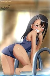 1girls black_hair blush breasts brown_eyes clothed clothing earrings female_focus female_only hayase_nagatoro hi_res kurigami long_hair looking_at_viewer looking_back please_don't_bully_me,_nagatoro pool pose public revealing_clothes simple_background small_breasts smile solo swimsuit tan tanned watermark