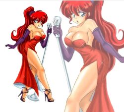 1girls alternate_hairstyle bare_legs bare_shoulders blue_eyes breasts cleavage cocktail_dress cosplay elbow_gloves eyeshadow female high_heels high_slit_dress jessica_rabbit_(cosplay) large_breasts legs linkartoon long_hair long_legs microphone microphone_stand no_bra ponytail purple_gloves ranma-chan ranma_1/2 ranma_saotome red_hair rule_63 side_slit solo sparkling_dress stiletto_heels strapless strapless_dress thighs toes very_high_heels zoom_layer