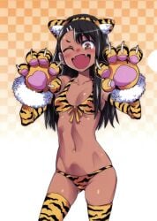 1girls 774_(nanashi) black_hair blush breasts brown_eyes clothed clothing earrings female_focus female_only hayase_nagatoro hi_res long_hair looking_at_viewer open_mouth please_don't_bully_me,_nagatoro pose revealing_clothes simple_background small_breasts solo tan tanned tiger_ears white_background wink