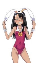 1girls 774_(nanashi) black_hair blush breasts brown_eyes bunny_ears cleavage clothed clothing earrings female_focus female_only hayase_nagatoro hi_res long_hair navel please_don't_bully_me,_nagatoro pose revealing_clothes simple_background small_breasts smile solo tan tanned