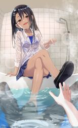 1boy 1girls ass bathroom bathtub black_hair blush breasts brown_eyes cleavage clothed clothing detailed_background hayase_nagatoro hi_res hmax long_hair naoto_hachioji_(senpai) open_mouth please_don't_bully_me,_nagatoro pose revealing_clothes skirt small_breasts smile spread_legs tan tanned transparent_clothing upskirt watermark wet