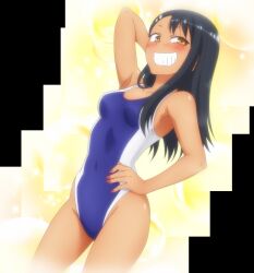 1girls 774_(nanashi) black_hair blush breasts brown_eyes clothed clothing earrings female_focus female_only hayase_nagatoro hi_res long_hair navel please_don't_bully_me,_nagatoro pose revealing_clothes screencap simple_background small_breasts smile solo swimsuit tan tanned