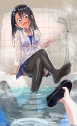 1boy 1girls ass bathroom bathtub black_hair blush breasts brown_eyes cleavage clothed clothing detailed_background hayase_nagatoro hi_res hmax long_hair naoto_hachioji_(senpai) open_mouth please_don't_bully_me,_nagatoro pose revealing_clothes skirt small_breasts smile spread_legs tan tanned thighhighs transparent_clothing upskirt watermark wet