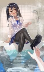 1boy 1girls ass bathroom bathtub black_hair blush breasts brown_eyes cleavage clothed clothing detailed_background hayase_nagatoro hi_res hmax long_hair naoto_hachioji_(senpai) open_mouth please_don't_bully_me,_nagatoro pose revealing_clothes skirt small_breasts smile spread_legs tan tanned thighhighs transparent_clothing upskirt watermark wet