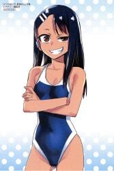 1girls 774_(nanashi) black_hair breasts brown_eyes clothed clothing earrings female_focus female_only hayase_nagatoro hi_res japanese_text long_hair navel please_don't_bully_me,_nagatoro pose revealing_clothes simple_background small_breasts solo swimsuit tan tanned text translation_request watermark