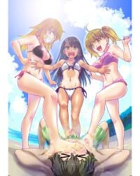 1boy 3girls beach big_breasts bikini black_hair breasts brown_eyes brown_hair cleavage closed_eyes clothed clothing erection female femdom footjob gamo-chan glasses hayase_nagatoro long_hair male malesub medium_hair multiple_girls naoto_hachioji_(senpai) open_mouth orange_eyes orange_hair penis please_don't_bully_me,_nagatoro public revealing_clothes small_breasts smelly_feet tanline tanned winter-night_(artist) yoshi_(nagatoro)