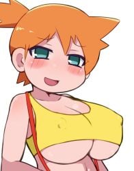 /// asymmetrical_hair bare_legs blush breasts chibi cleavage clothing cowboy_shot crop_top female female_only female_solo game_freak green_eyes gym_leader huge_breasts kasumi_(pokemon) large_breasts legs legs_together looking_at_viewer makino_nono navel nintendo nipple_bulge nipples no_bra one_eye_closed open-mouth_smile open_mouth orange_hair pokemon pokemon_(anime) pokemon_(classic_anime) pokemon_(game) pokemon_rgby ponytail red_hair shirt short_hair shortstack side_ponytail simple_background smile solo suspenders tank_top tied_hair underboob white_background yellow_shirt yellow_tank_top