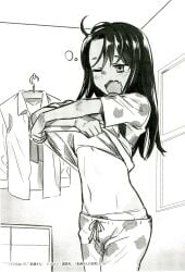 1girls 774_(nanashi) black_hair breasts brown_eyes clothed clothing earrings female_focus female_only hayase_nagatoro hi_res japanese_text long_hair monochrome navel open_mouth please_don't_bully_me,_nagatoro revealing_clothes simple_background small_breasts solo tan tanline tanned text tired translation_request watermark