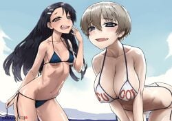 2girls beach big_breasts bikini black_hair blue_eyes breasts brown_eyes cleavage curvy female_focus female_only grey_hair haraya hayase_nagatoro long_hair looking_at_viewer multiple_girls open_mouth please_don't_bully_me,_nagatoro pose public short_hair simple_background skinny tan tanned uzaki-chan_wa_asobitai! uzaki_hana watermark wide_hips