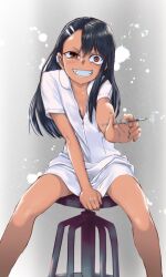 1girls black_hair bra breasts brown_eyes cleavage clothed clothing earrings female female_focus female_only hayase_nagatoro hi_res k@nata_(artist) long_hair needle nurse please_don't_bully_me,_nagatoro revealing_clothes simple_background sitting small_breasts smile solo tan tanned