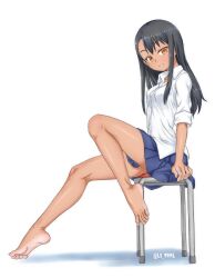 1girls black_hair breasts brown_eyes clothed clothing countershade_feet earrings feet female_focus female_only flexible_toes foot_fetish hayase_nagatoro hi_res long_hair ls_99ml please_don't_bully_me,_nagatoro pose revealing_clothes simple_background sitting skirt small_breasts solo tan tanned upskirt white_background white_soles