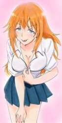 1girls big_breasts blue_eyes blush breasts cleavage clothed clothing curvy female_focus female_only gamo-chan long_hair looking_at_viewer orange_hair please_don't_bully_me,_nagatoro pose potekite revealing_clothes skirt solo tongue_out wide_hips