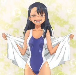 1girls 774_(nanashi) black_hair blush breasts brown_eyes clothed clothing earrings female_focus female_only flashing hayase_nagatoro hi_res long_hair navel open_mouth please_don't_bully_me,_nagatoro pose revealing_clothes screencap simple_background small_breasts smile solo swimsuit tan tanned