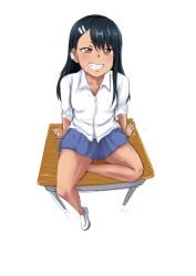 1girls black_hair breasts brown_eyes clothed clothing earrings female_focus female_only hayase_nagatoro hi_res long_hair please_don't_bully_me,_nagatoro revealing_clothes simple_background sitting small_breasts smile solo tan tanned triagorodri_(artist) white_background