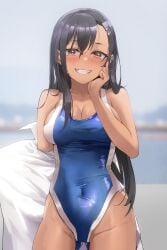 1girls big_breasts black_hair blush breasts brown_eyes cleavage clothed clothing drive_shot earrings fang female_focus female_only hayase_nagatoro hi_res long_hair looking_at_viewer navel please_don't_bully_me,_nagatoro pose revealing_clothes simple_background smile solo swimsuit tan tanned tight_clothing undressing