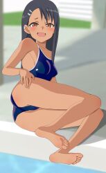 1girls aruman black_hair blush breasts brown_eyes clothed clothing earrings feet female_focus female_only hayase_nagatoro long_hair looking_at_viewer on_side please_don't_bully_me,_nagatoro pool public revealing_clothes small_breasts smile soles solo swimsuit tanline tanned wide_hips