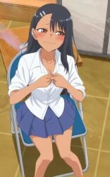 1girls 774_(nanashi) black_hair blush breasts brown_eyes cleavage clothed clothing earrings female_focus female_only hayase_nagatoro hi_res long_hair please_don't_bully_me,_nagatoro pose revealing_clothes simple_background sitting skirt small_breasts smile solo tanline tanned undressing uniform