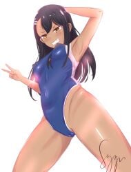 1girls black_hair blush breasts brown_eyes cameltoe clothed clothing earrings female_focus female_only hayase_nagatoro hi_res long_hair looking_at_viewer navel nipples please_don't_bully_me,_nagatoro pose revealing_clothes simple_background small_breasts solo swimsuit syyndev tanline tanned watermark white_background